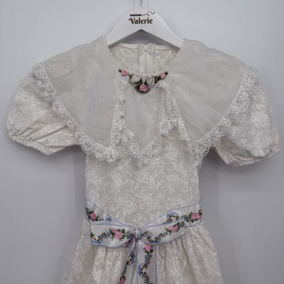 Kokomo Kids Vintage White Floral Collared Dress Girls Size 8 Coquette Bow USA - Picture 2 of 11
